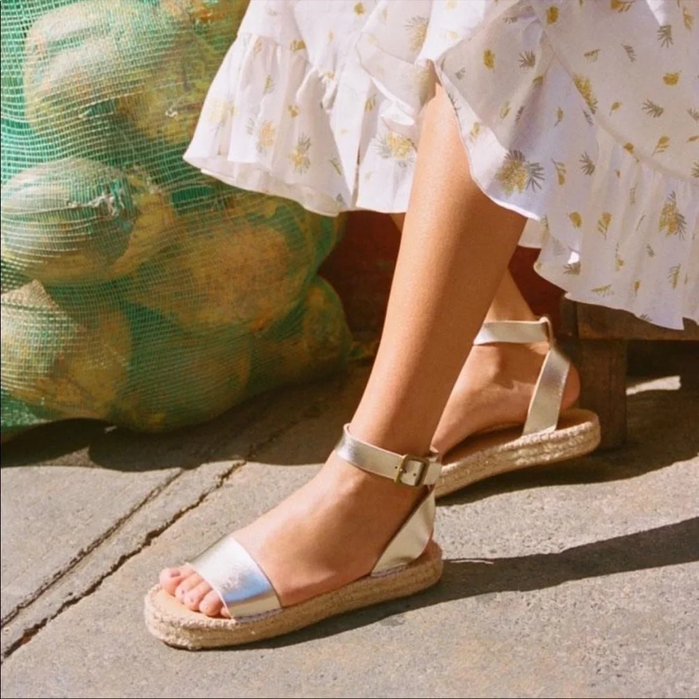 SOLUTOS Cadiz Leather Gold Espadrilles platform ankle Sandals size 6